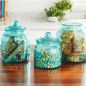Pioneer Woman teal Cassie Embossed Canister set